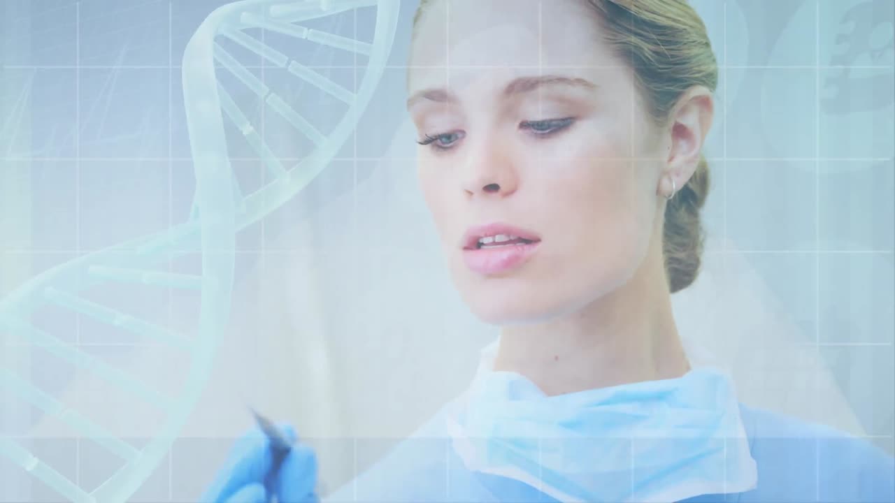 카우카시안 여성 치과의사에 대한 dna 가닥 스피닝과 의료 데이터 처리 애니메이션