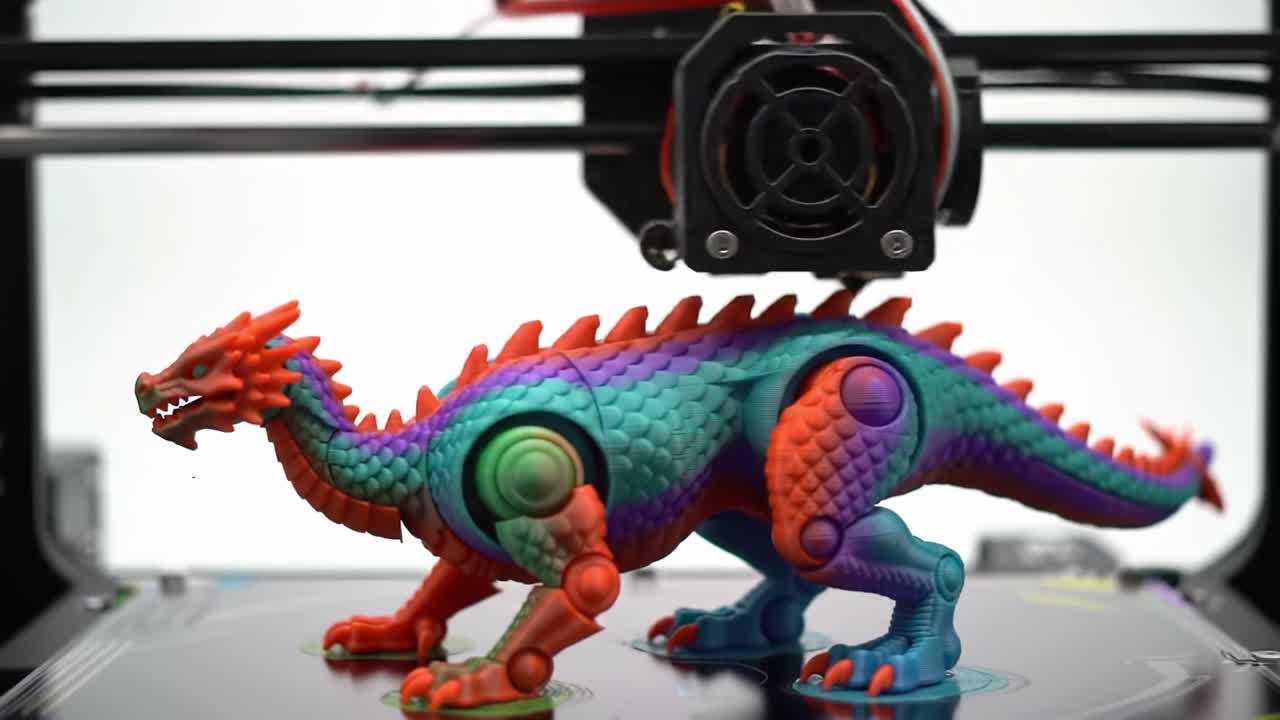 A Technologically Advanced 3D Printed Dragon Model Showcasing Bright Colors and Articulated Design, Perfect for Play or Display in Any Modern Collection