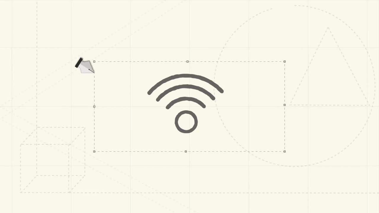 animación del cursor y los iconos digitales wifi flotando sobre la cuadrícula sobre un fondo blanco