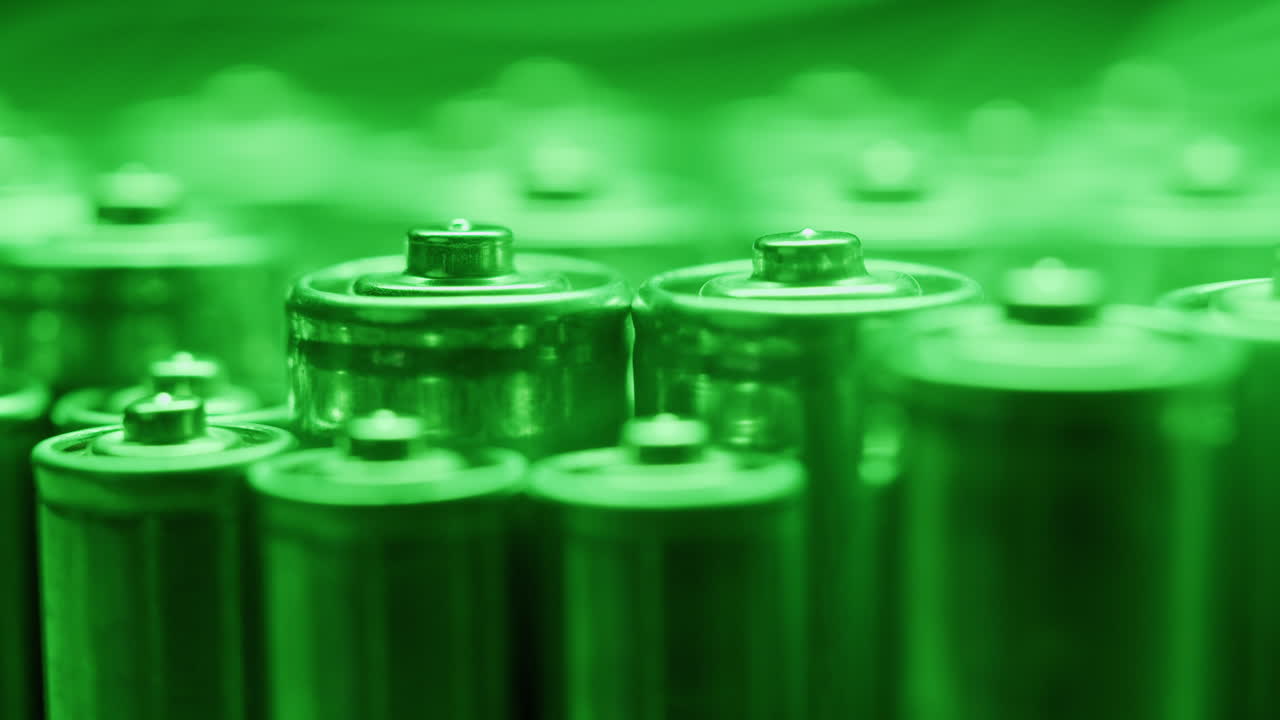 Silver batteries AA and AAA in neon light close-up. Double-A battery is a standard size single cell cylindrical dry battery. Batteries are common in portable electronic devices. An AA battery is composed of a single electrochemical cell that may be either a primary battery or a rechargeable battery.