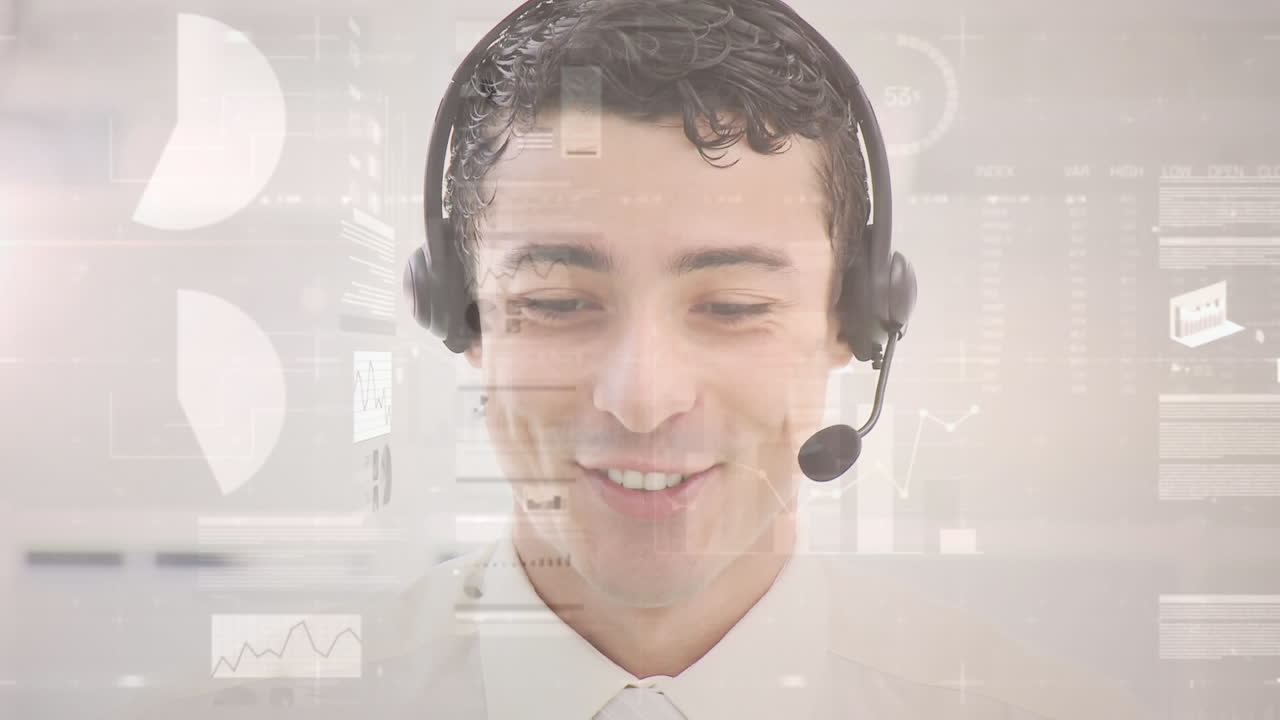 Animação de processamento de dados financeiros e estatísticos sobre empresário usando fone de ouvido