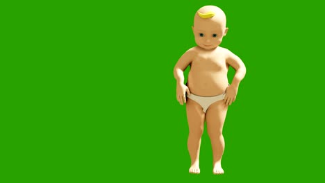 un niño pequeño bailando contra una pantalla verde. animación de renderización 3d de niños pequeños bailando. animación en bucle.