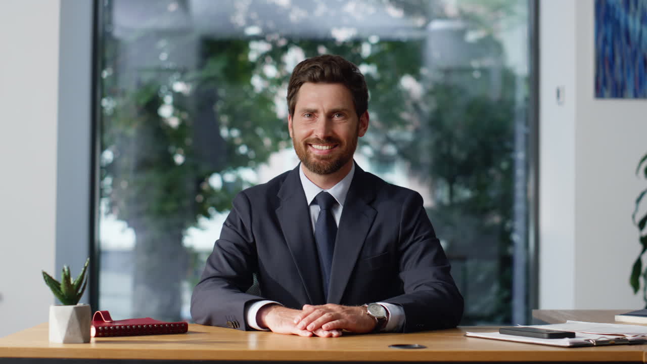 Portrait elegant businessman posing office panoramic windows. Smiling manager