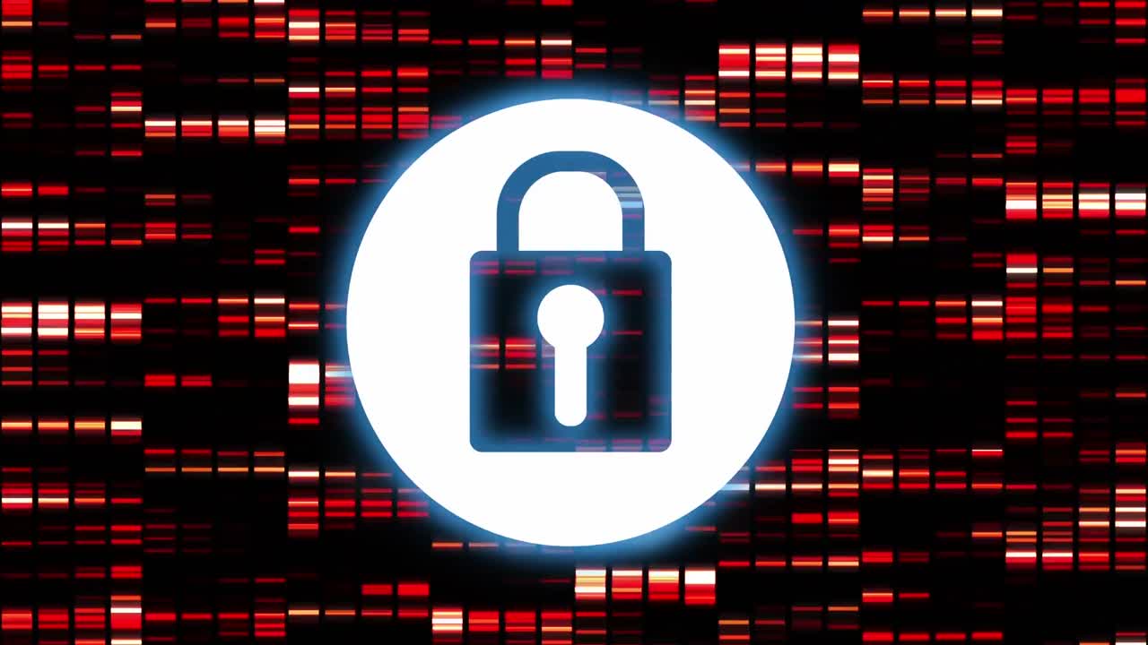animación de la red de conexiones y el candado de seguridad en línea sobre un fondo oscuro