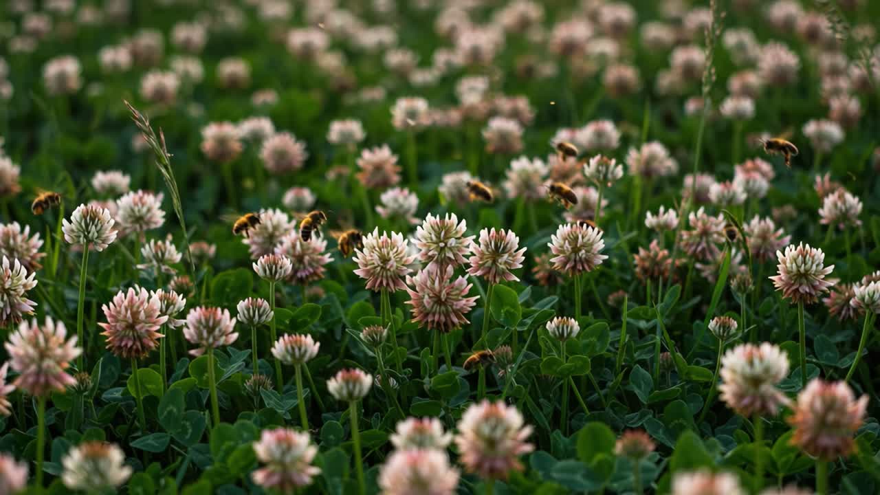 A Vibrant Meadow Filled with Delicate Clover Blossoms and Busy Bees, Capturing the Essence of Nature's Harmony and the Beauty of Pollination