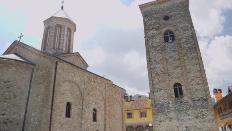 a beautiful low angle panning view of a serbian orthodox church, the pilgrim of first christianity