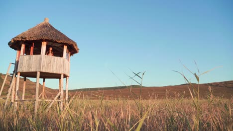 Caucasian-woman-standing-in-wooden-lookout-tower-above-green-grass-meadow-with-hills-in-background-on-sunny-day,-low-angle-handheld-pan