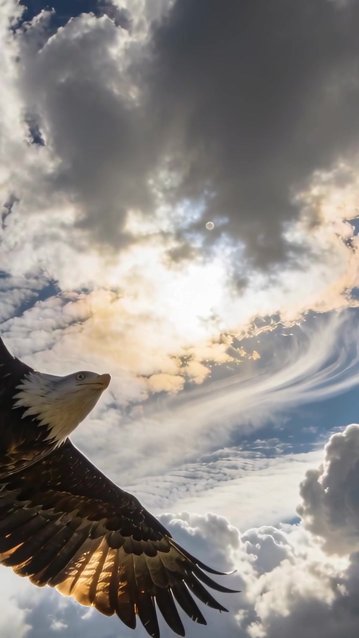 Video verticale: Aquila calva che plana con la punta dell'ala inclinata sopra le nuvole mentre il sole fa capolino, spazio per il testo.