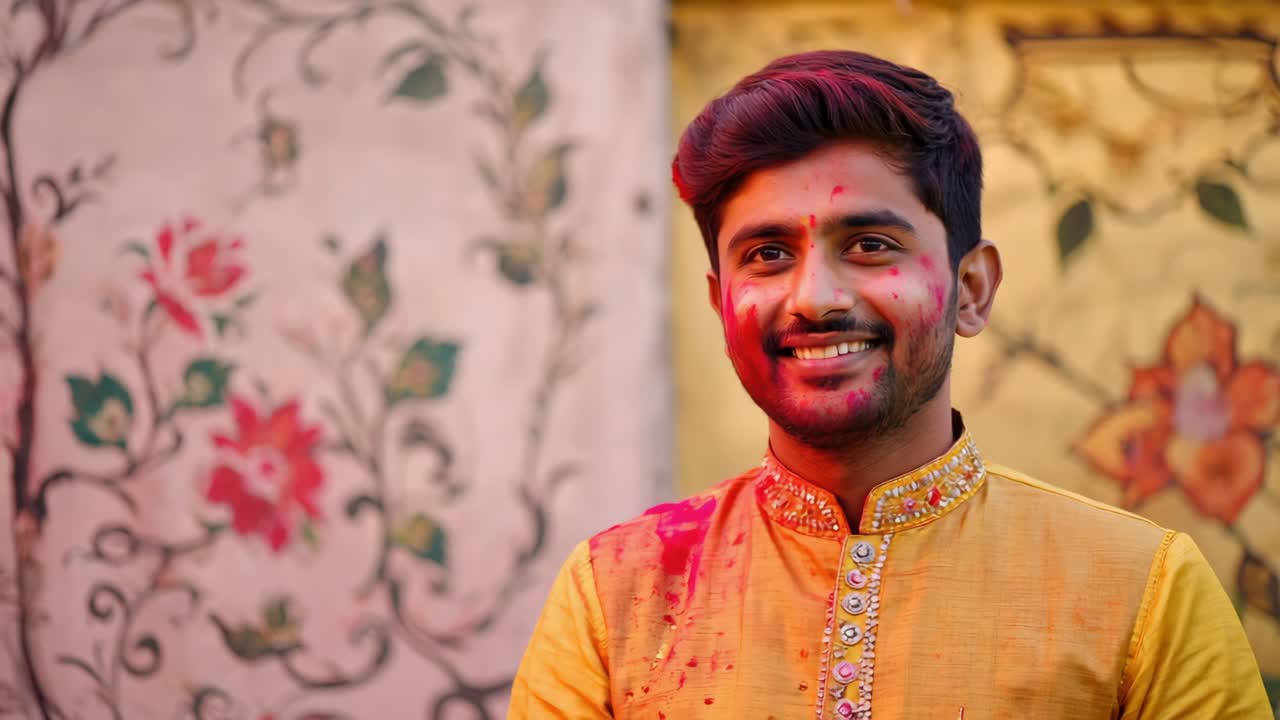 Young man wearing traditional clothes, smiling and celebrating Holi festival with colored powder on his face, standing in front of a decorated wall