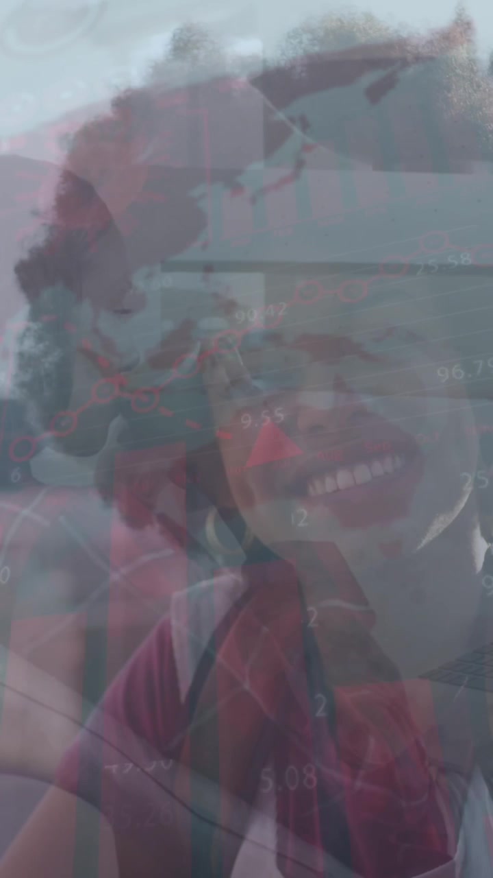 Animación de células de virus flotando sobre una mujer afroamericana feliz.