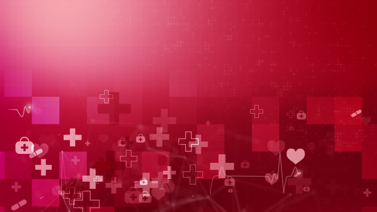 Red abstract healthcare background with medical icons, blocks. Cardiogram line of the heart. Copy space. Looped motion graphics.