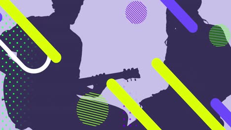Animation-of-colourful-shapes-moving-over-silhouette-of-man-and-woman-playing-guitar-and-drum