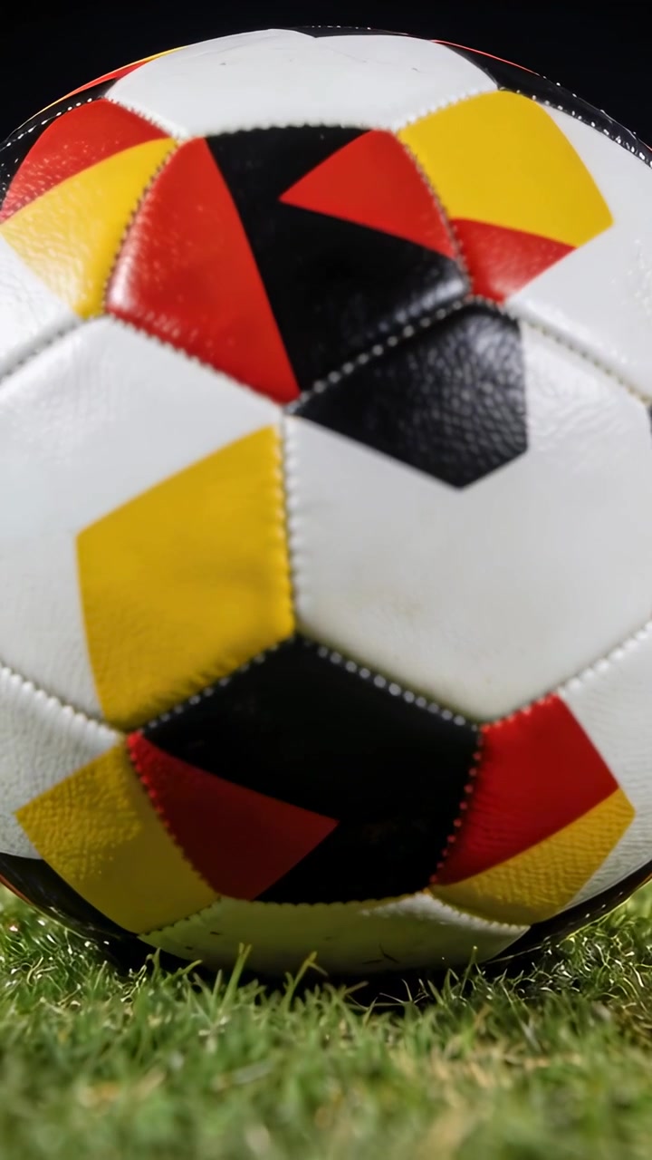 Video vertical: Cámara haciendo zoom encuadrando un balón de fútbol en césped artificial por la noche, mostrando los paneles cosidos.