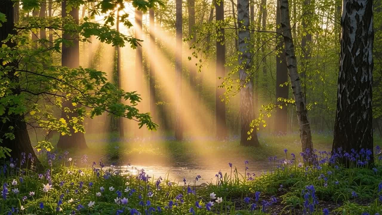Breathtaking Nature Scene: Sunlight Streaming Through Trees, Illuminating a Tranquil Forest with Colorful Wildflowers beside a Serene Pond