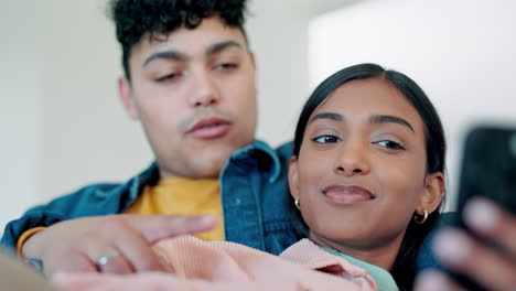 Phone,-happy-and-couple-talking-in-home-living