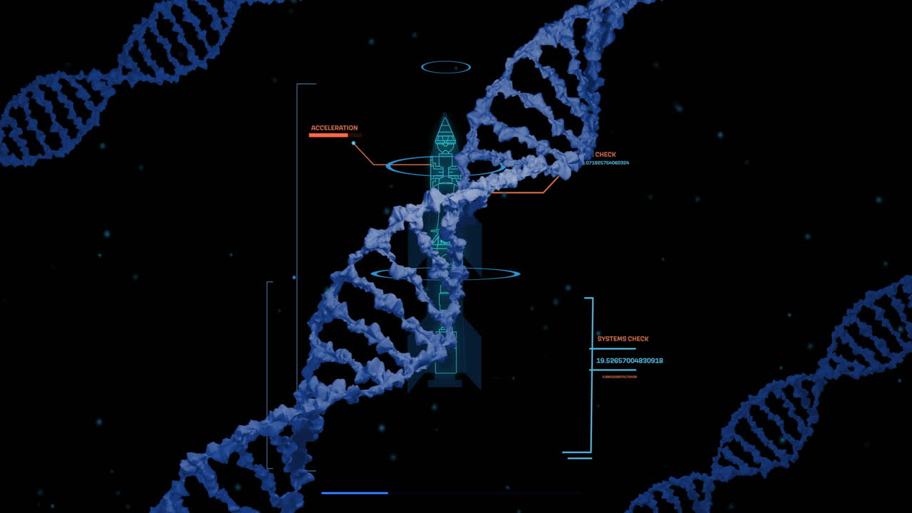 Animation of DNA strands with rocket schematics and system check annotations