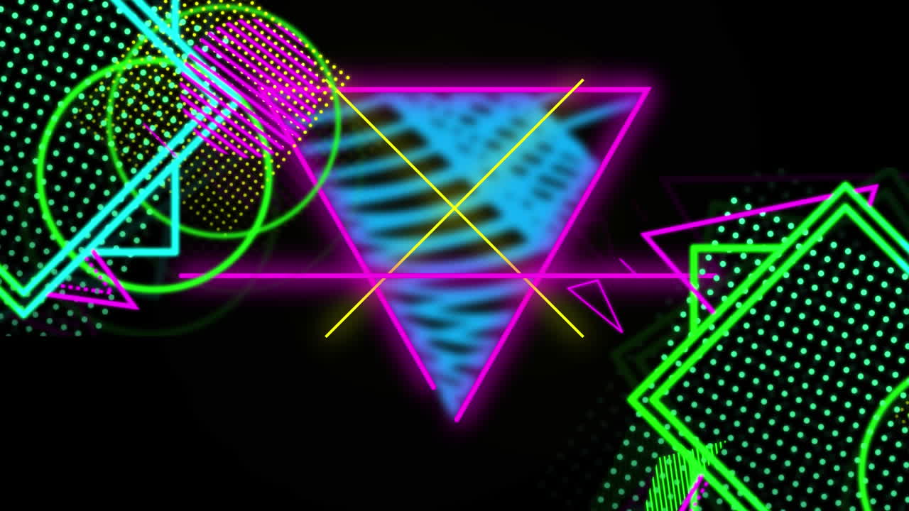 animación digital de formas geométricas abstractas de neón que se mueven contra un fondo negro