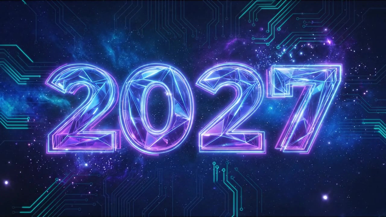 Testo Neon Luminoso 2027 con Sfondo a Circuiti Digitali