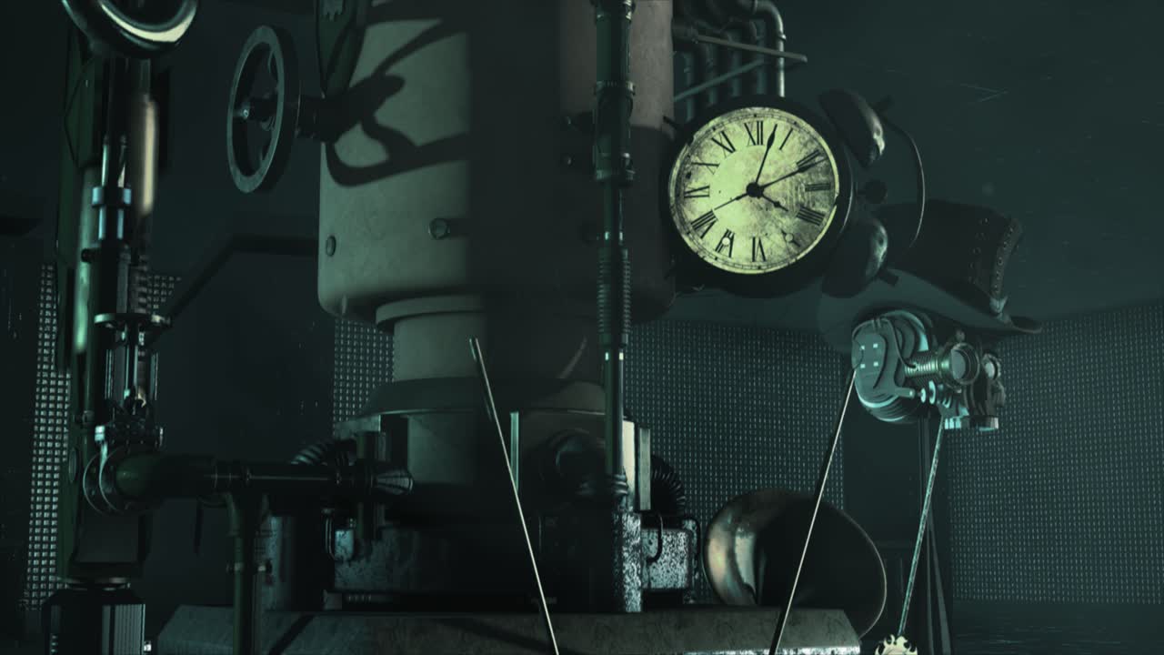 Realistic 3D render of a heavy industrial Steampunk style machine in a dusty old warehouse, with pistons, gears, clocks and guages