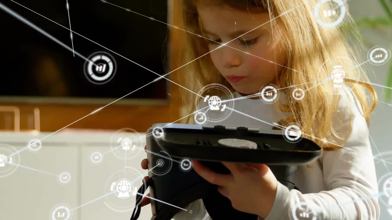 animación de la red de conexiones con iconos sobre la niña con auriculares