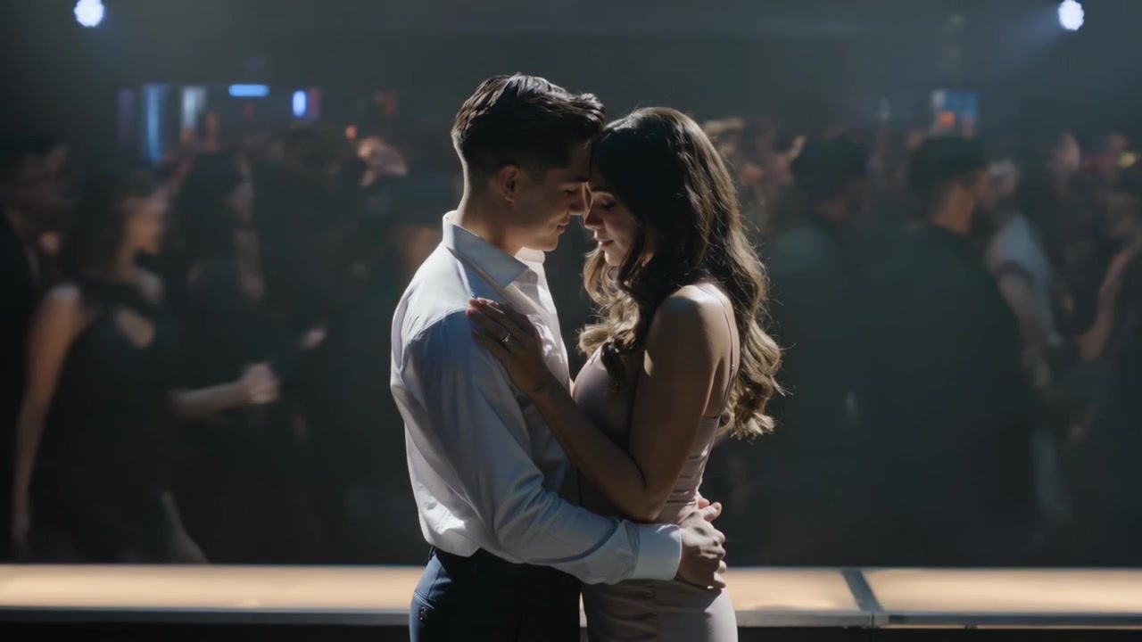 Spotlight focusing, semi-formal couple leaning heads together on stage, sharing quiet moment