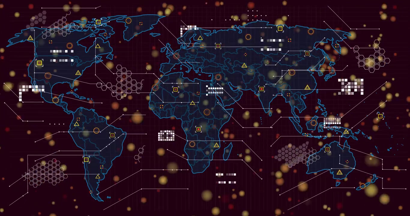 Digital World Map with Futuristic Data Visualization and HUD Elements