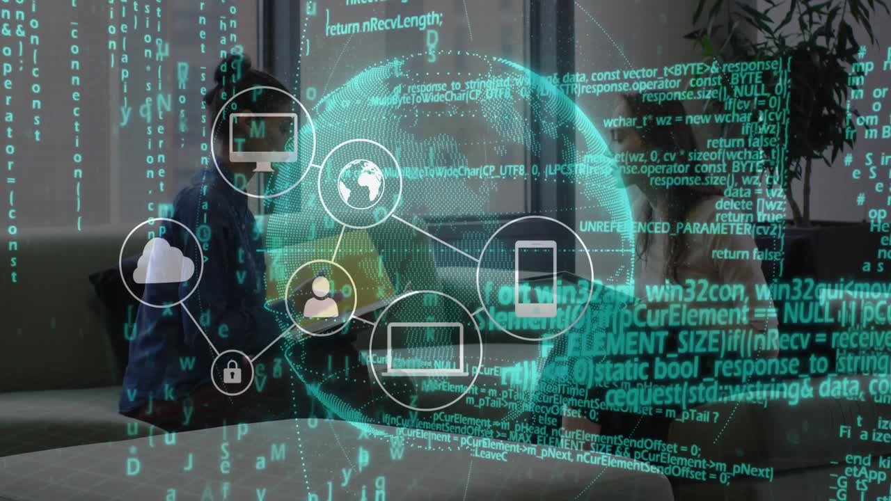 Coworkers discussing technology in corporate lounge, overlaying network globe and streaming code