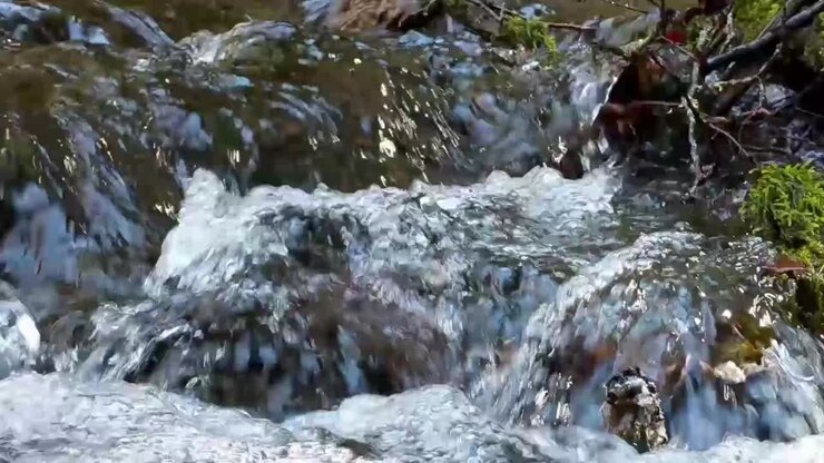 Acqua che scende a cascata su rocce coperte di muschio in un ruscello di montagna in una calda giornata di primavera