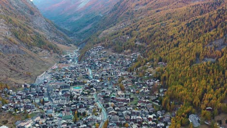 aerial view of zermatt, town under famous mountain matterhorn, turn of autumn and winter - landscapes of swiss alps from above, switzerland, europe