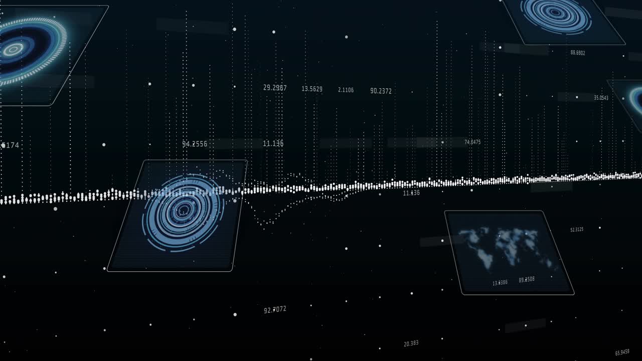 Opening on data field showing central white-dot line undulating while panels drifting for display