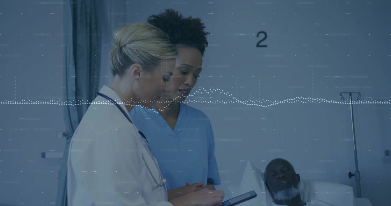 Infermiera che indica il tablet mentre il medico tocca lo schermo e anima una forma d'onda per il monitoraggio del paziente.