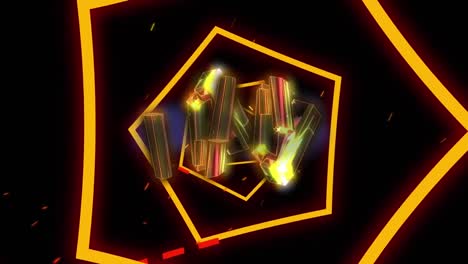 Animation-of-metallic-gold-chunks-over-orange-neon-hexagons