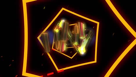 animación de trozos de oro metálico sobre hexágonos de neón naranja