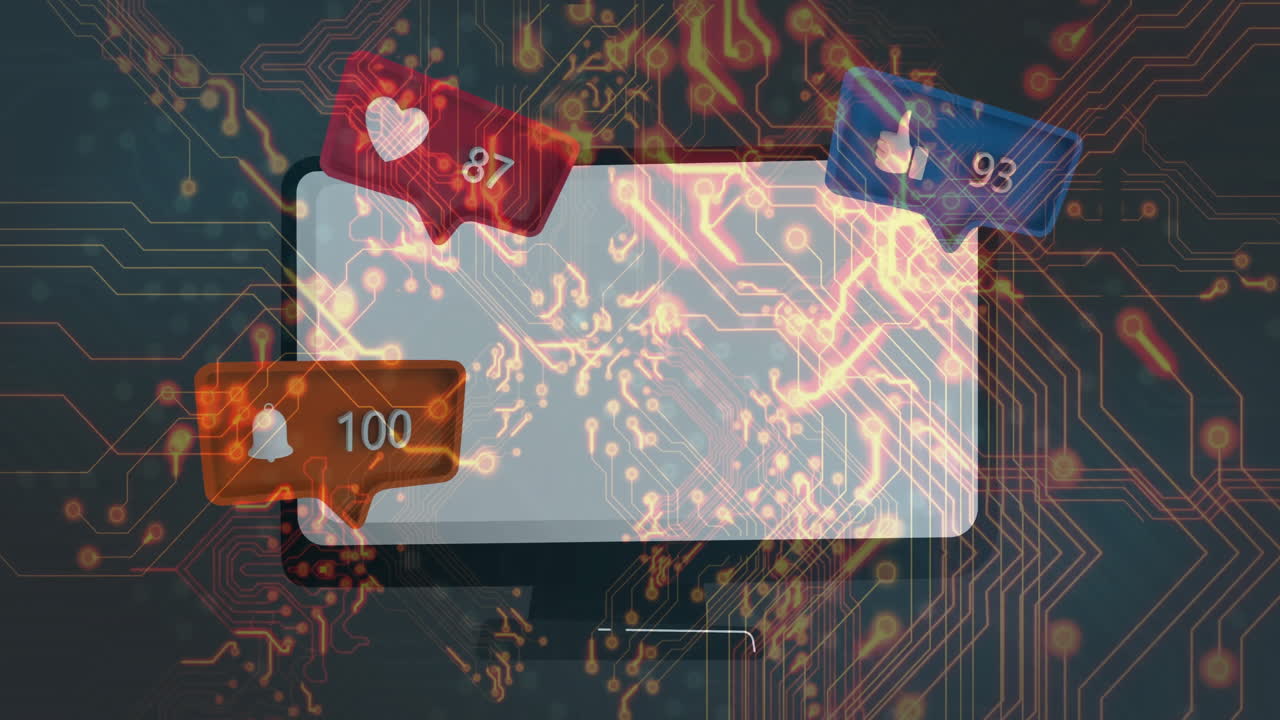 Animation of digital notifications and social media on circuit board in school