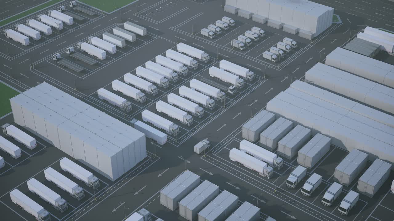 Luftfoto af et stort logistik- og distributionscenter med lastbiler