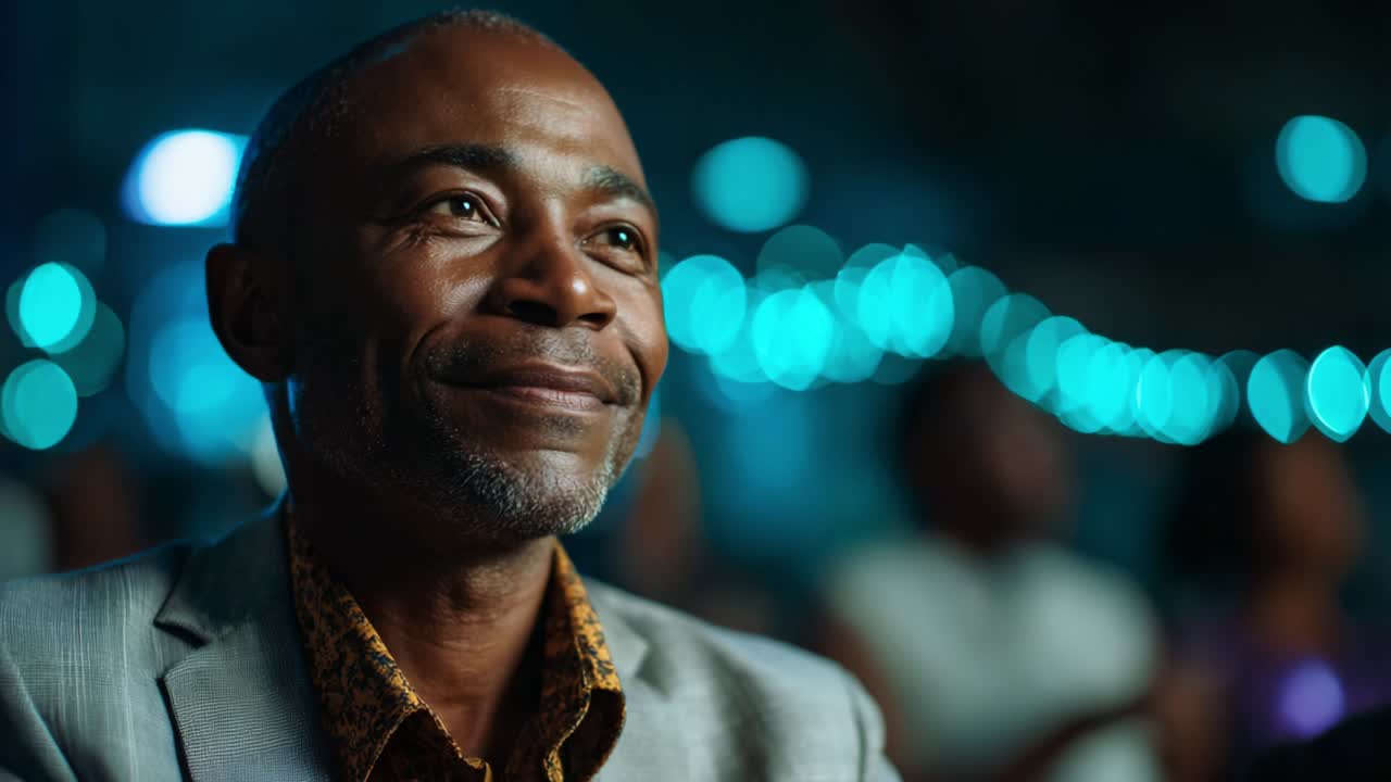 A Moment of Reflection: A Content Man Enjoying a Magical Evening Filled with Joy and Anticipation Amidst Beautiful Lights and Bokeh, Emphasizing Peacefulness and Gratitude in His Expression