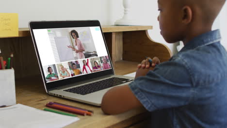 african american boy holding a pencil having a video conference on laptop at home