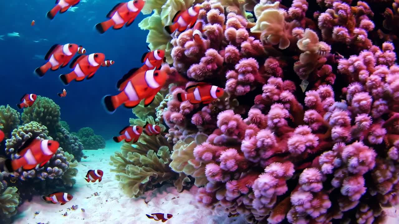 Levende undervandsvideo der viser klovnefisk svømmende rundt om koralrev, der fanger skønheden