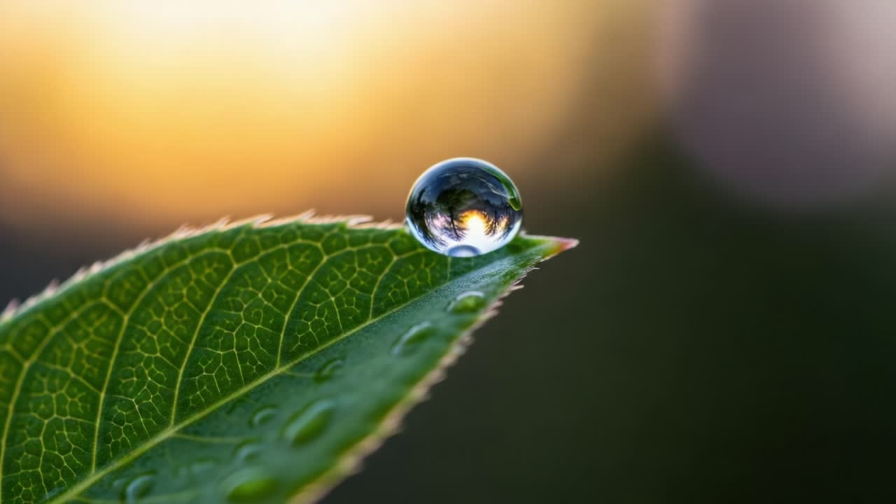 An Up-Close Capture of a Water Droplet Resting on a Leaf, Reflecting a Beautiful Scene as the Sun Begins to Set in the Background