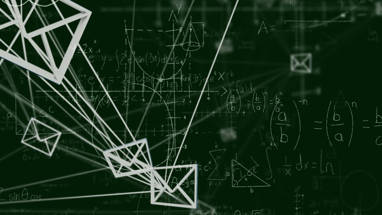 검은 바탕의 수학 방정식 위에 아이콘으로 연결된 네트워크의 애니메이션