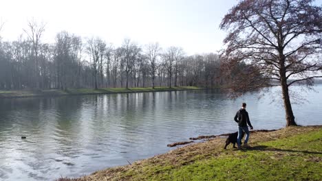 hombre con perro paseando por la orilla de un lago