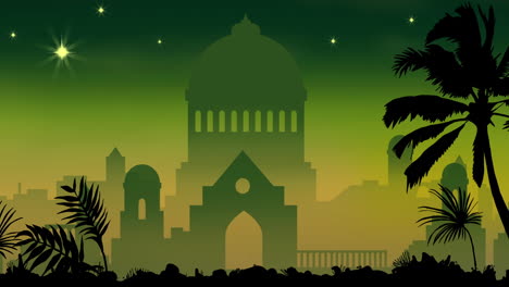 animation of city and palm trees over green background