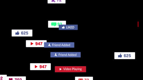 animation of social media text on banners with digital icons over black background