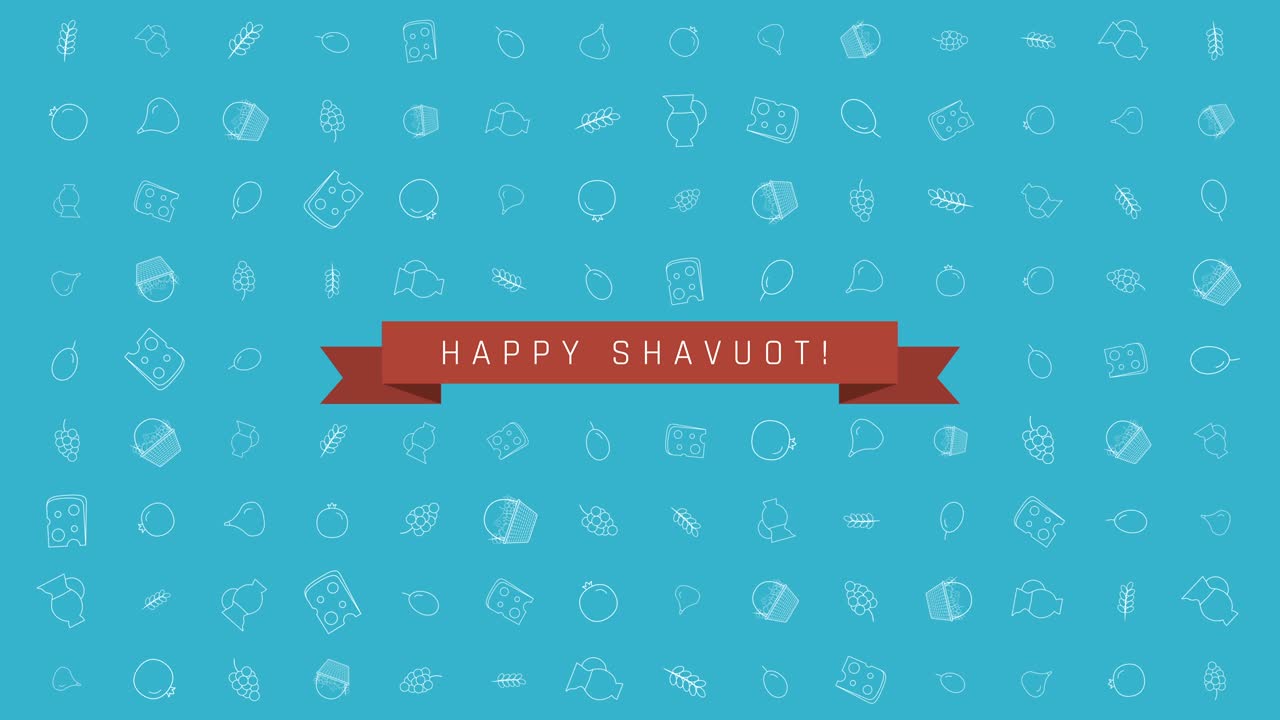 전통적인 윤 아이콘 기호와 영어 텍스트와 함께 shavuot 휴가 평면 디자인 애니메이션 배경