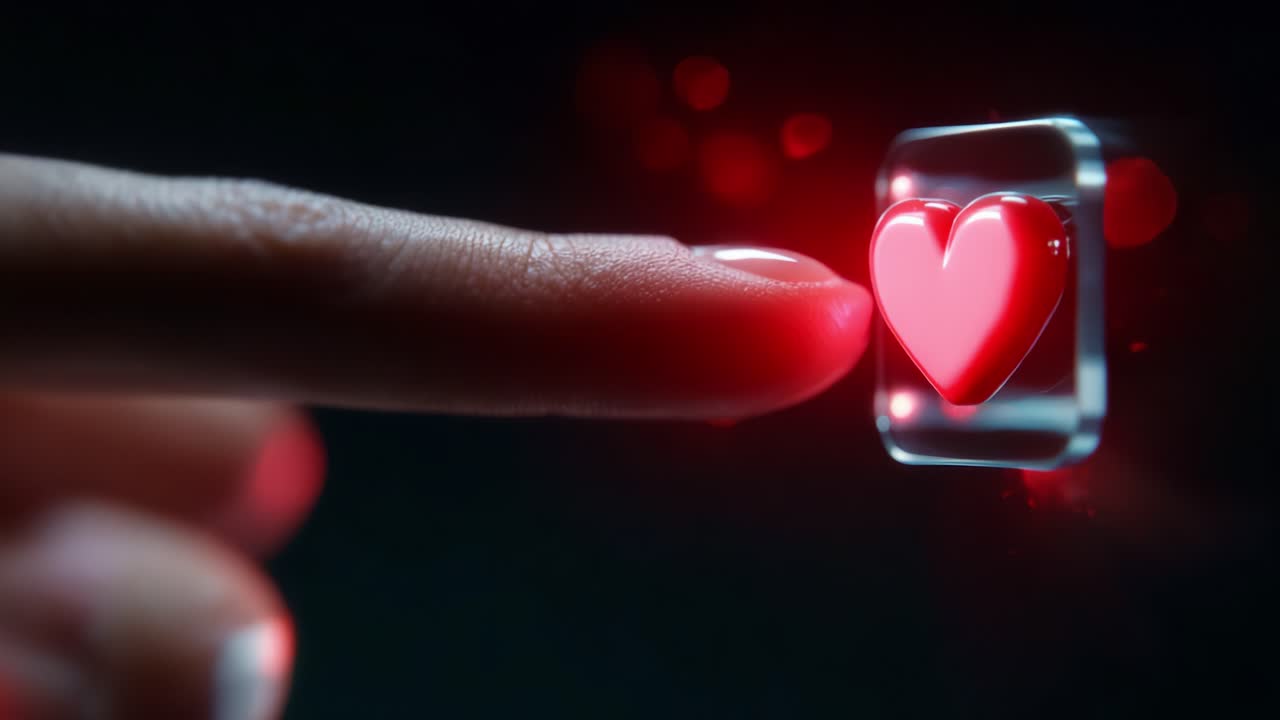 Digital Interaction: A Finger Touching a Glowing Heart Button Symbolizing Connection, Love, and Humanity in a Futuristic, Technological Setting with Vibrant Red Accents