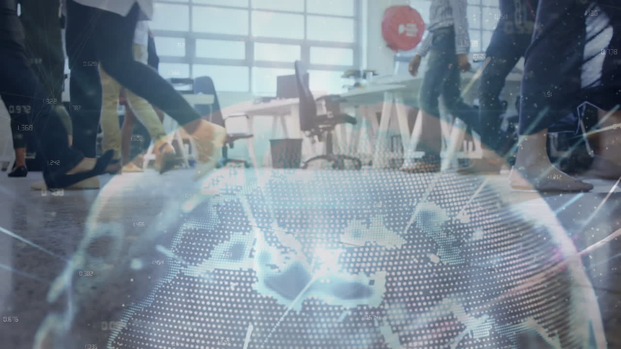 연결 네트워크의 애니메이션과 사무실에서 비즈니스 사람들에 대한 세계