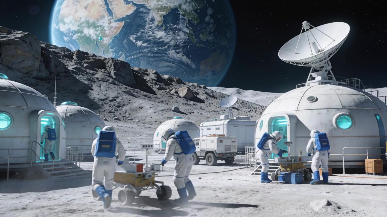 投下後にクレートを固定し、白い宇宙服を着た宇宙飛行士たちがドーム設置のため月の平原を横切ってローバーを押している。