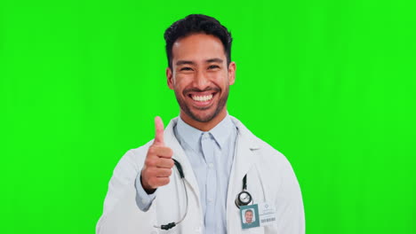 Thumbs-up,-success-and-doctor-on-green-screen