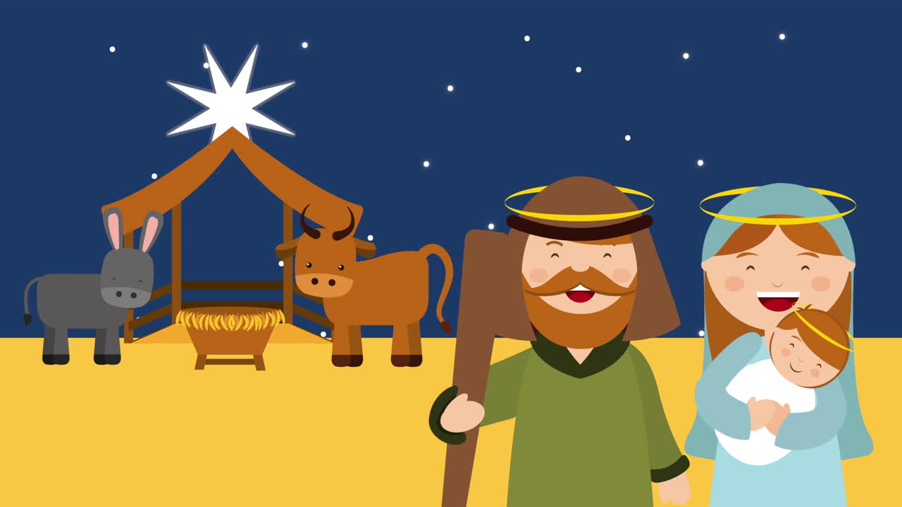 scena de uma gaiola de natal feliz com a família holly e o estábulo