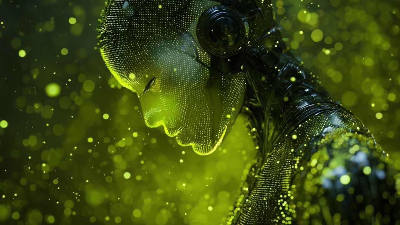 Advanced female humanoid robot with a metallic mesh skin and glowing yellow eyes awakening in a futuristic digital environment filled with shimmering bokeh particles and abstract data streams